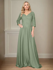 A Line Chiffon V Neck 3/4 Sleeves Floor-Length Mother Of The Bride Dress With Appliques