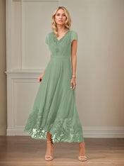 A Line V Neck Flutter Sleeve Ankle Length Chiffon Dress With Appliques