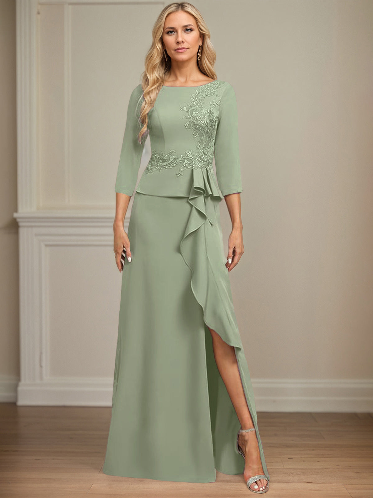 Column Scoop Floor-Length Stretch Crepe Dress With Cascading Ruffles Appliques