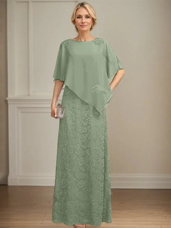 Column Scoop Floor-Length Chiffon Lace Mother of the Bride Dress With Sequins Beading