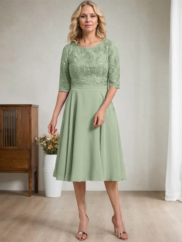 A-line Scoop Knee-Length Lace Chiffon Mother of the Bride Dress