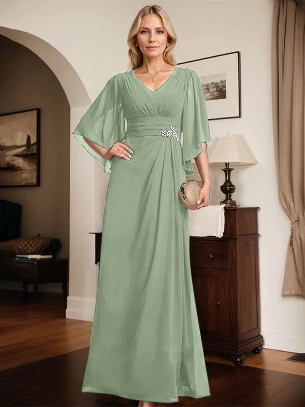 Robe de mère de la mariée fourreau/colonne, col en V, longueur au sol, en mousseline, avec paillettes plissées et perles 