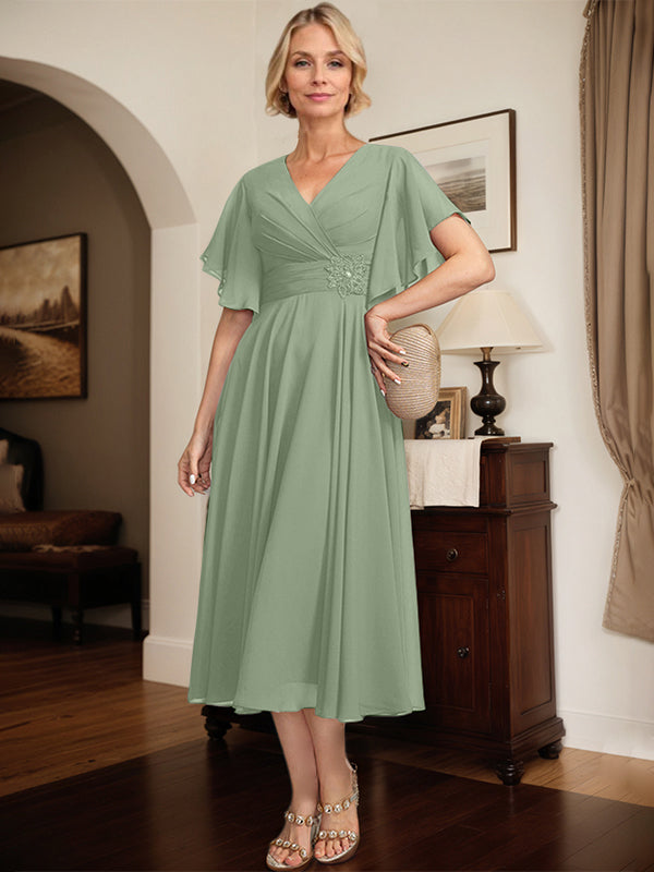 A-line V-Neck Tea-Length Chiffon Mother of the Bride Dress With Pleated Beading
