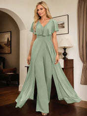 Jumpsuit/Pantsuit V-Neck Floor-Length Chiffon Evening Dress