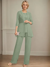 Jumpsuit/Pantsuit Separates Scoop Floor-Length Chiffon Lace Mother of the Bride Dress With Sequins