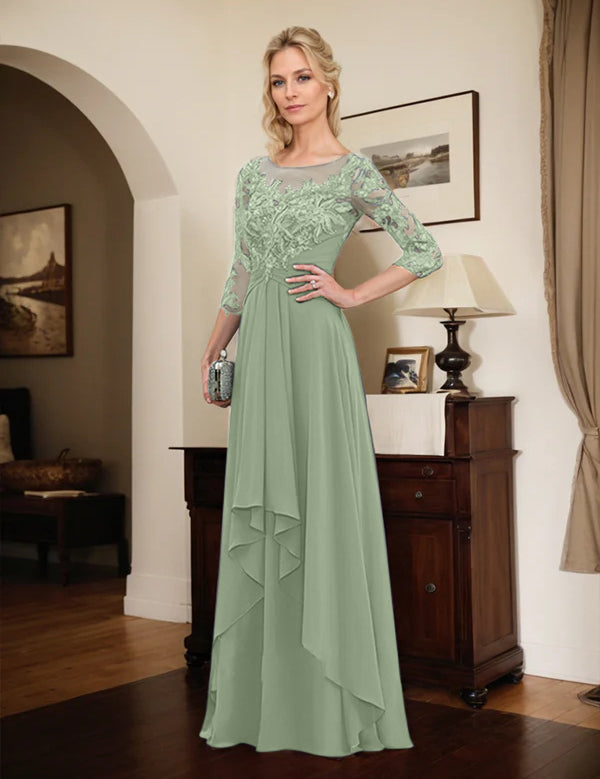 Robe de mère de la mariée trapèze en mousseline de soie et dentelle, longueur au sol, avec volants en cascade 