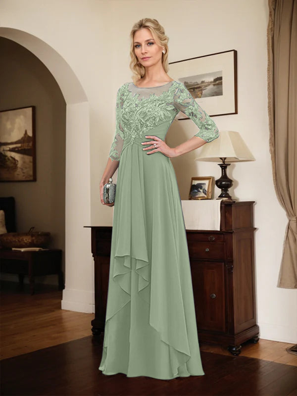 A-line Scoop Illusion Floor-Length Lace Chiffon Mother of the Bride Dress With Cascading Ruffles
