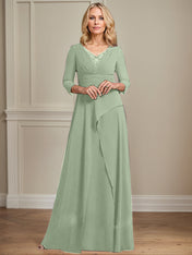 A-line V-Neck Floor-Length Chiffon Mother of the Bride Dress With Pleated Beading