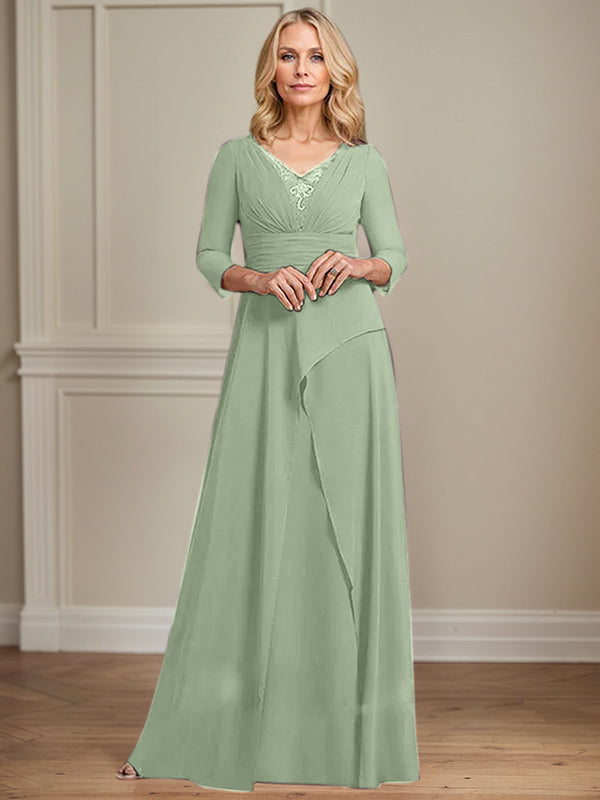 A-line V-Neck Floor-Length Chiffon Mother of the Bride Dress With Pleated Beading
