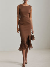 Brown Pleated Slit Classic Boat Neck Sleeveless Mermaid Midi Dress