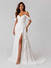 Elegant Off-the-Shoulder Ruched Satin A-Line Wedding Dress with High Slit and Chapel Train
