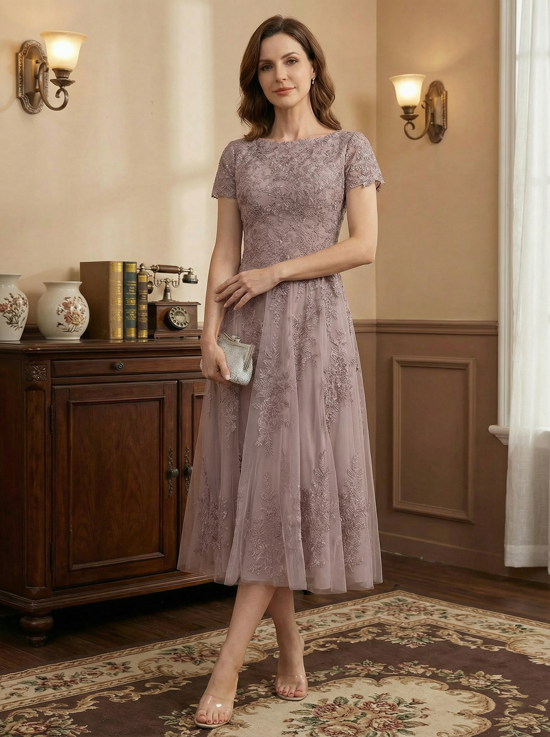 A-line Scoop Tea-Length Tulle Lace Mother of the Bride Dress