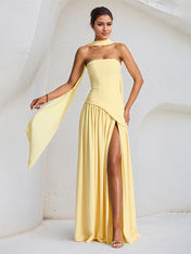 Elegant Mint Green Strapless Pleated Maxi Dress With Slit