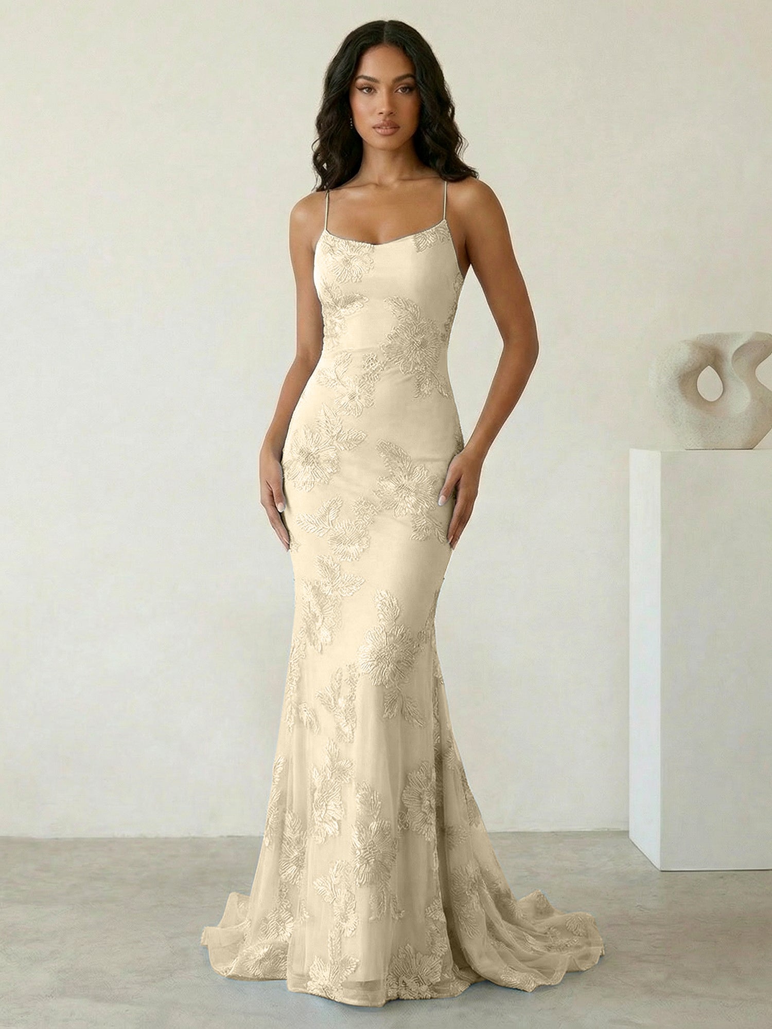 Light Blue Floral Embroidered Spaghetti Strap Prom Dresses