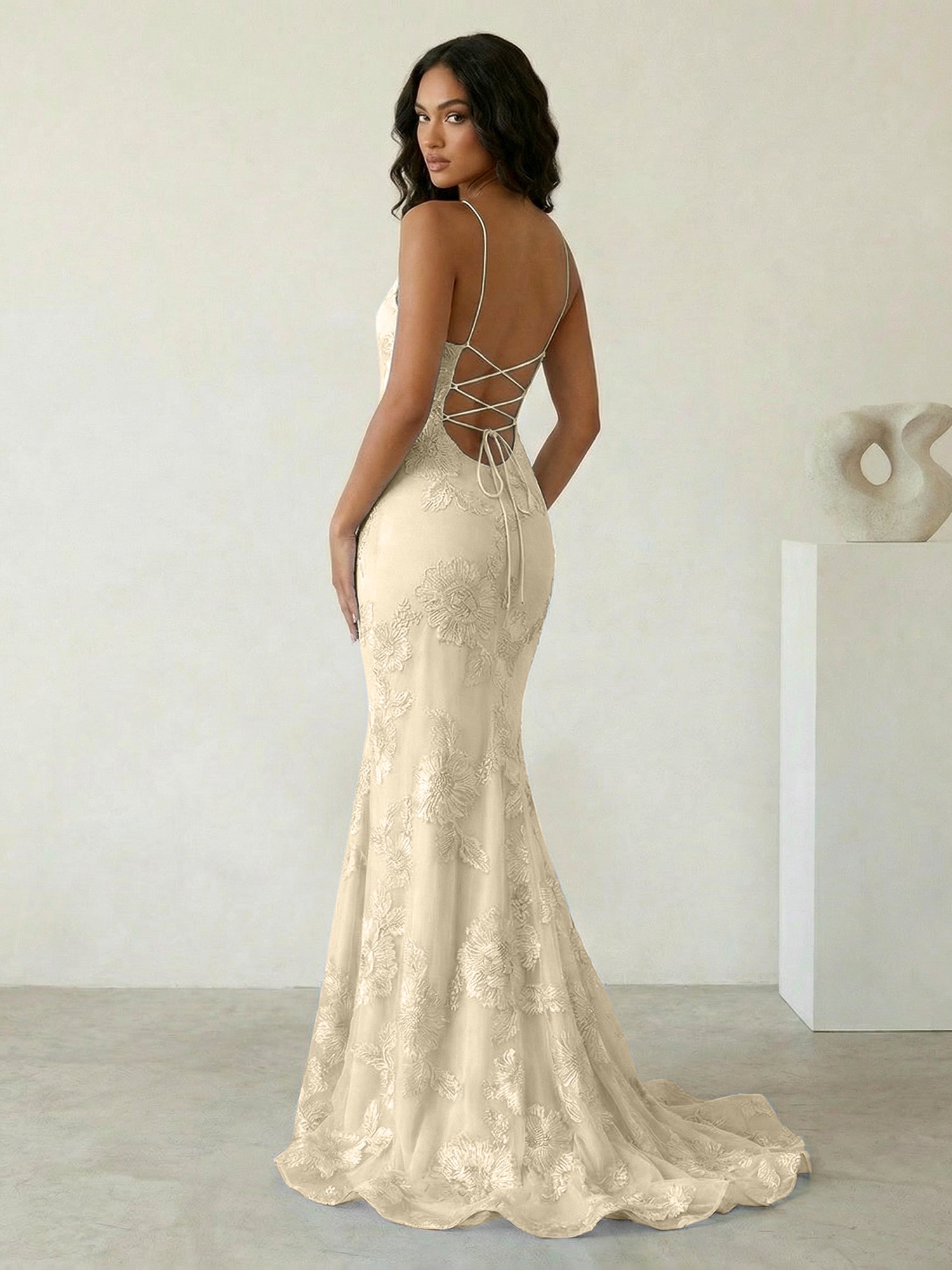 Light Blue Floral Embroidered Spaghetti Strap Prom Dresses