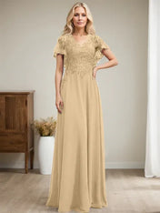 A-line V-Neck Floor-Length Lace Chiffon Mother of the Bride Dress With Sequins