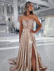 Glitter Champagne A Line Spaghetti Strips Metallic Long Prom Dress with Slit