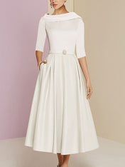 A-Line/Princess Jewel Neck Half Sleeve Tea Length Mother of the Bride Dresses with Pockets Pleats