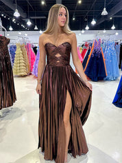 Yellow A Line Strapless Sweetheart Pleated Prom Dress with High Slit