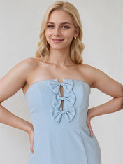 A Line Dusty Blue Chiffon Off the Shoulder Sleeveless Floor Length Dress With Bows