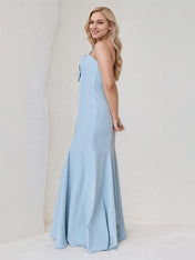 A Line Dusty Blue Chiffon Off the Shoulder Sleeveless Floor Length Dress With Bows