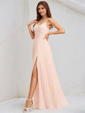 A-Line V-Neck Floor-Length Chiffon Bridesmaid Dress With Pleated