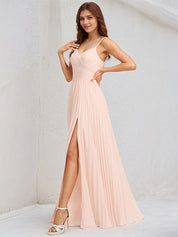 A-Line V-Neck Floor-Length Chiffon Bridesmaid Dress With Pleated