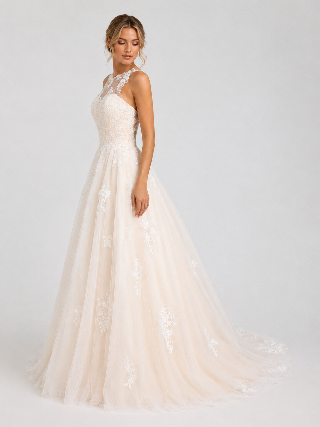 Elegant Illusion High-Neck Lace Applique Tulle A-Line Wedding Dress with Chapel Train