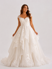 Elegant Cap-Sleeve Layered Tulle A-Line Wedding Dress with Floral Lace Appliques and Chapel Train