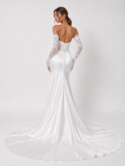 Elegant Off-the-Shoulder Lace Corset Satin Mermaid Wedding Dress with Detachable Sleeves and Chapel Train