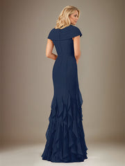 Dark Navy Chiffon V-Neck Short Sleeves Floor Length Dress