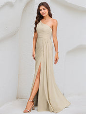 Ivory A Line Chiffon One Shoulder Sleeveless Floor Length Dress With High Slit