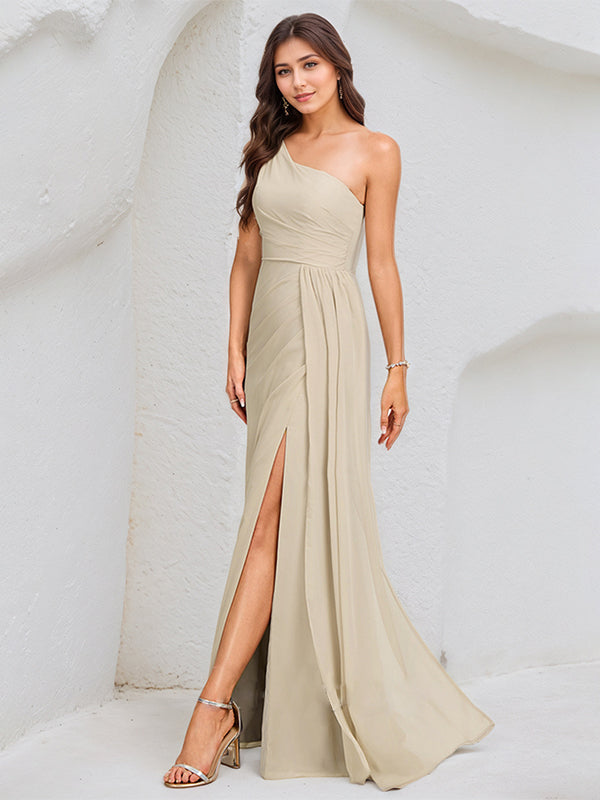 Ivory A Line Chiffon One Shoulder Sleeveless Floor Length Dress With High Slit