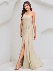 Ivory A Line Chiffon One Shoulder Sleeveless Floor Length Dress With High Slit