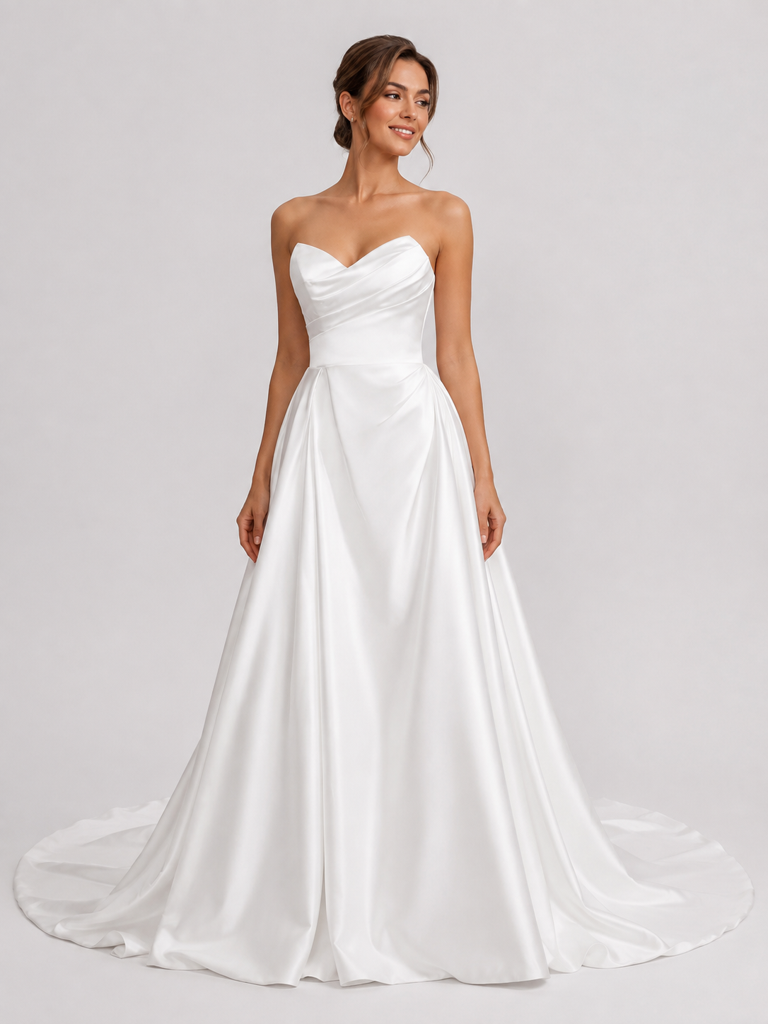 Elegant Strapless Ruched Satin A-Line Wedding Dress with Chapel Train