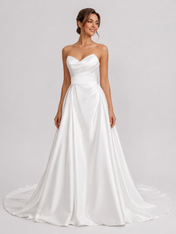 Elegant Strapless Ruched Satin A-Line Wedding Dress with Chapel Train