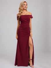 Trumpet/Mermaid Off the Shoulder Floor-Length Stretch Crepe Bridesmaid Dress With Ruffle