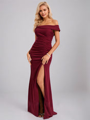 Trumpet/Mermaid Off the Shoulder Floor-Length Stretch Crepe Bridesmaid Dress With Ruffle