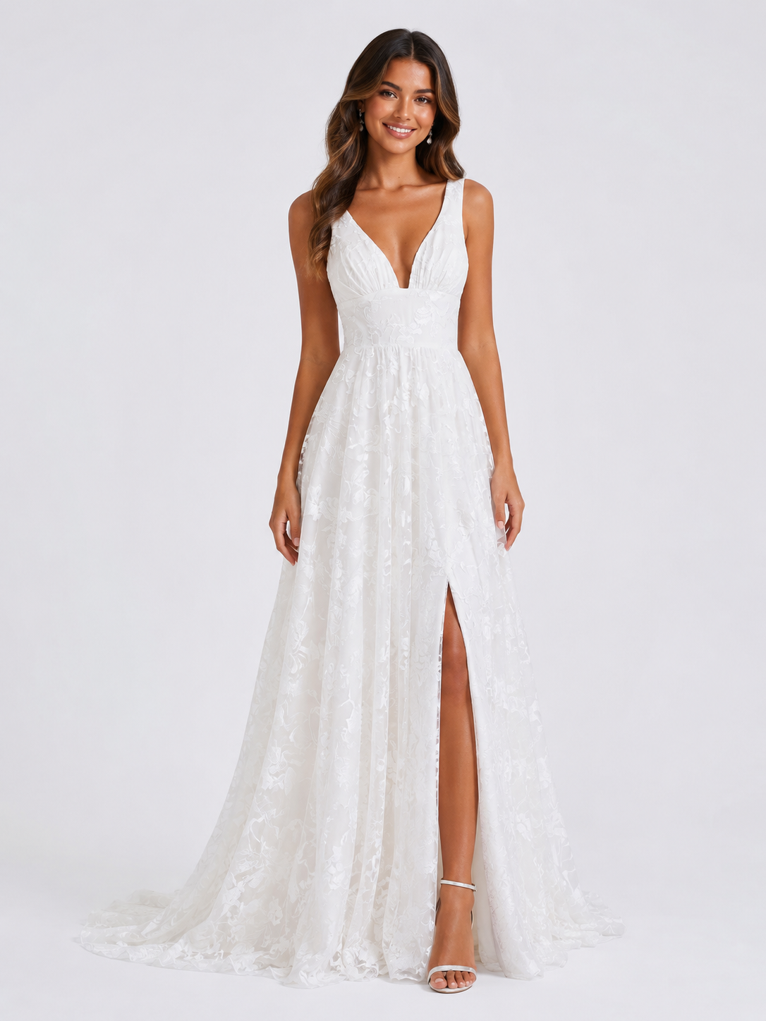 Elegant V-Neck Lace A-Line Wedding Dress with High Slit and Chapel Train