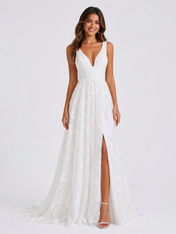 Elegant V-Neck Lace A-Line Wedding Dress with High Slit and Chapel Train