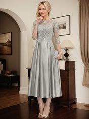 Silver A-line Illusion Scoop Tea-Length Lace Satin Mother of the Bride Dress With Beading Sequins
