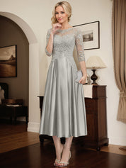 Silver A-line Illusion Scoop Tea-Length Lace Satin Mother of the Bride Dress With Beading Sequins