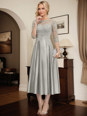 Silver A-line Illusion Scoop Tea-Length Lace Satin Mother of the Bride Dress With Beading Sequins