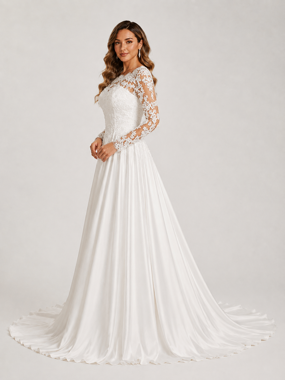 Elegant Illusion Long Sleeve Satin A-Line Wedding Dress with Chapel Train