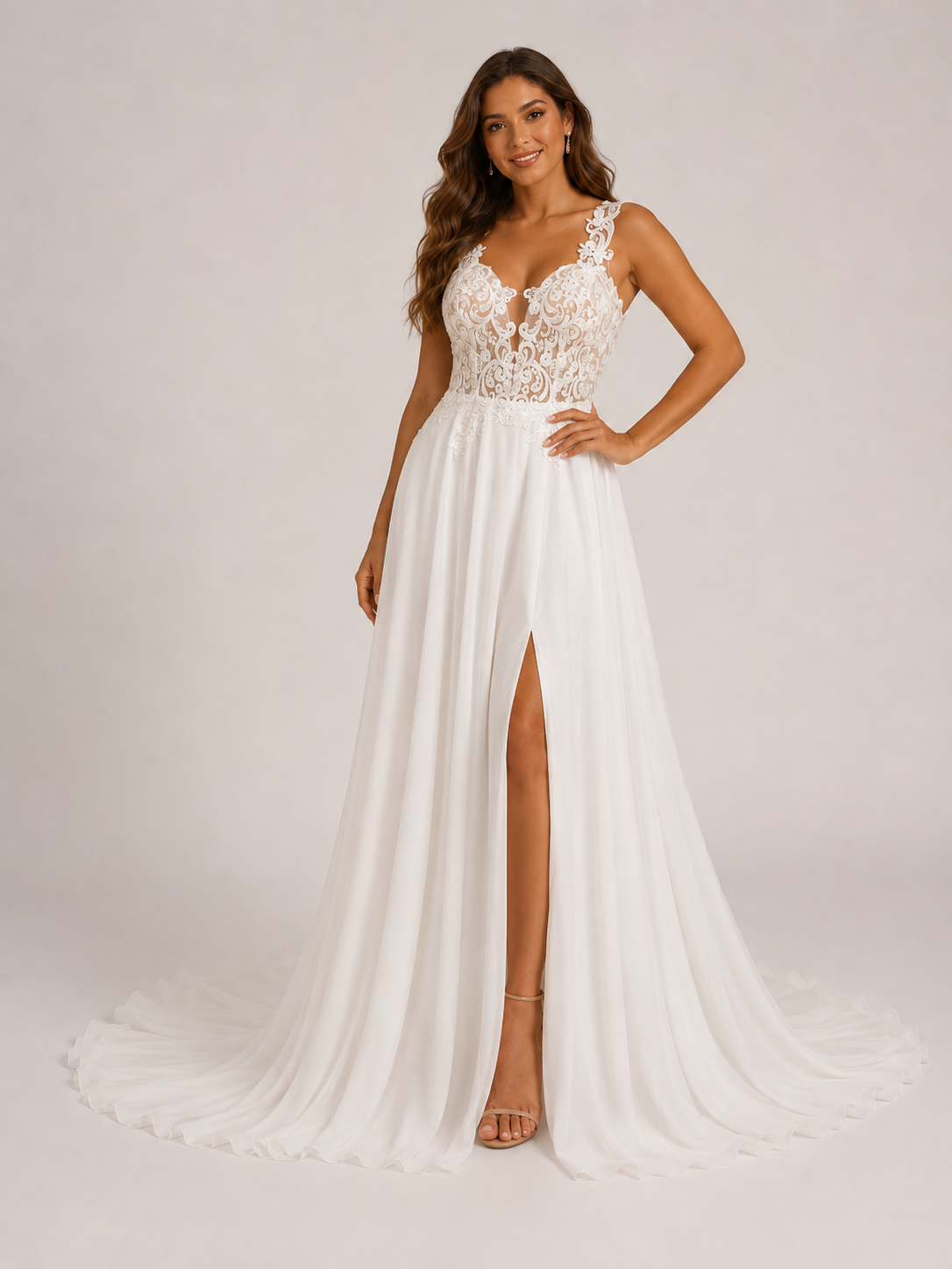 Elegant Illusion Lace Bodice Chiffon A-Line Wedding Dress with High Slit and Sweep Train