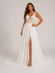 Elegant Illusion Lace Bodice Chiffon A-Line Wedding Dress with High Slit and Sweep Train