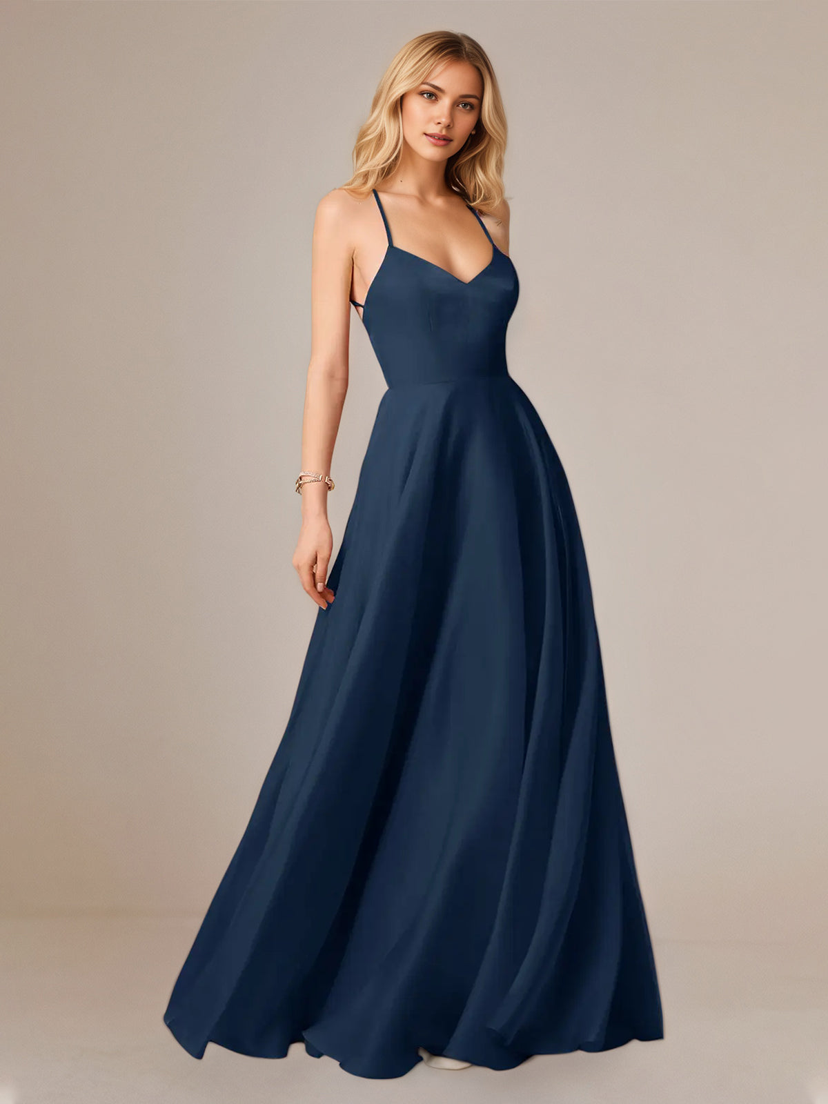 Navy A Line Satin Spaghetti Straps Sleeveless Floor Length Dresses