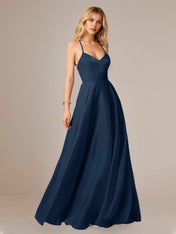 Navy A Line Satin Spaghetti Straps Sleeveless Floor Length Dresses