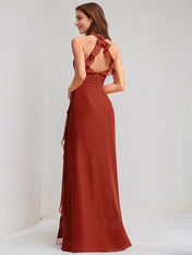 Vermilion Satin A Line V Neck Sleeveless Floor Length Bridesmaid Dress With Ruffle