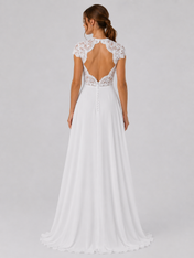 Elegant V-Neck Lace Bodice Chiffon A-Line Wedding Dress with Keyhole Back and Sweep Train